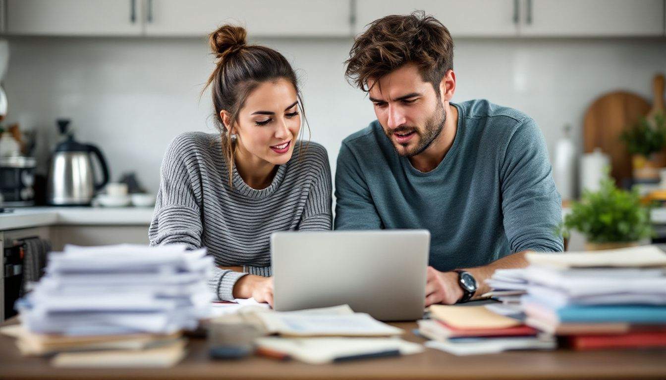 Couple working on laptop in home office